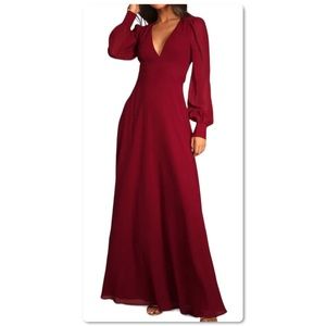 Lulu’s Talk About Divine Maxi Backless Dress Burgundy Long Sleeves Size S Small